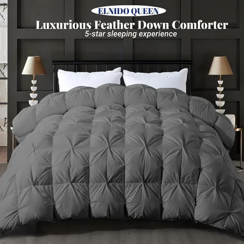 Miniatura 4 de ELNIDO QUEEN® Edredón de Plumas Tamaño Queen, Relleno de Edredón, Lujoso Edredón Esponjoso Gris de Hotel con Pliegues Pinzados para Cama - Funda
