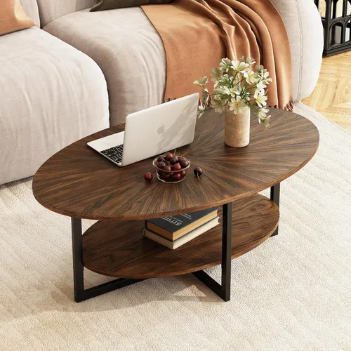 Miniatura 13 de Mesa de Centro Ovalada de Madera Maciza con Patas de Metal Cruzadas, Mesa Central Industrial Moderna de 43.3 Pulgadas con Estante Abierto Mesa
