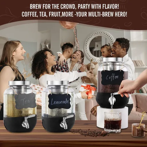 Miniatura 10 de Cafetera de café frío, cafetera de café helado de 1 galón con filtro de acero inoxidable, jarra de vidrio resistente para café frío con espita