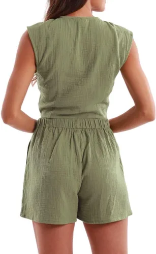 Miniatura 2 de Amazhiyu Conjunto de 2 piezas de gasa de algodón arrugado para mujer, pantalones cortos y tops de verano Verde