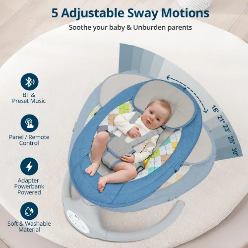 Miniatura 2 de Bioby Columpio de bebé para bebés con 5 velocidades de balanceo naturales, gorila portátil de música Bt con control remoto y arnés de 5 puntos