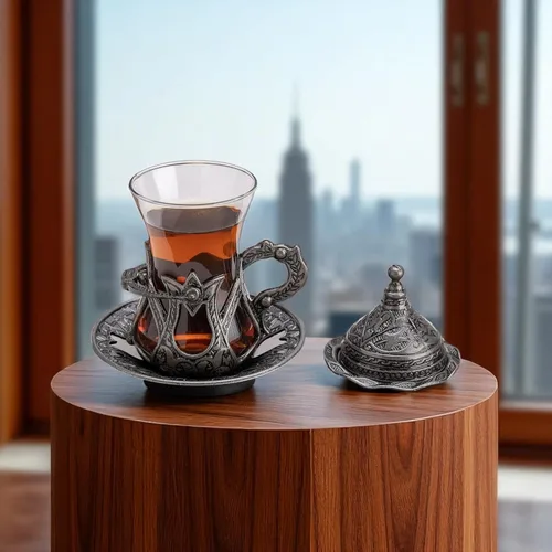 Miniatura 3 de Alisveristime Juego de 6 vasos de té turco hechos a mano Zamzam para servir vasos platillo y cuchara (negro)
