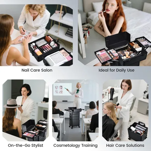 Miniatura 5 de Estuche de maquillaje con ruedas, estuche de tren de maquillaje con tapa, estuche de cosmetología 5 en 1 sobre ruedas, organizador de cosméticos
