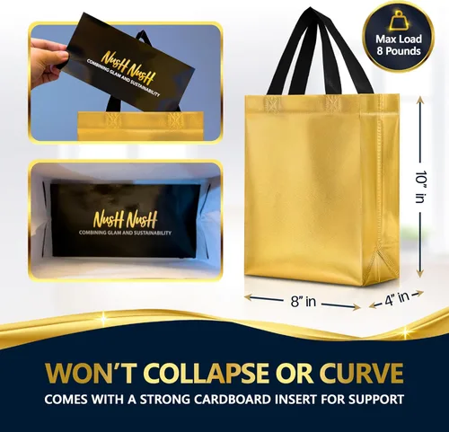 Miniatura 5 de Nush Nush Bolsas de regalo negras y doradas de tamaño mediano, juego de 12 bolsas de regalo reutilizables con asa