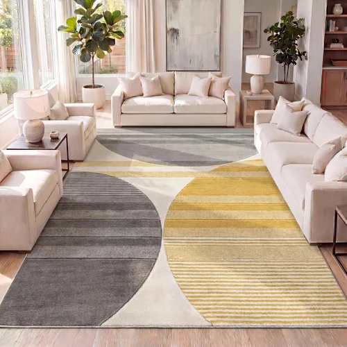 Miniatura 8 de JONATHAN Y Alfombra de pasillo de círculos a rayas gris/amarillo/crema, 2 x 8 pies, Nicky geométrica para sala de estar, dormitorio, cocina