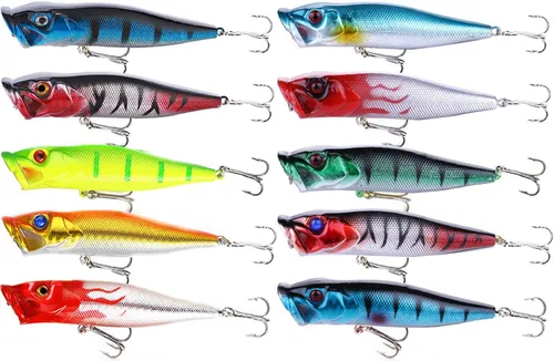 Miniatura 9 de Señuelos de pesca Popper cebo de pesca Topwater cebos duros ojos 3D Swimbait Crankbait con gancho de agudos para lubina, trucha, agua dulce y salada