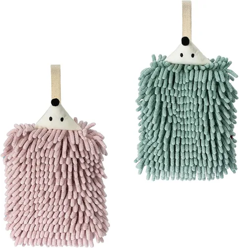 Miniatura 10 de Paquete de 2 toallas de mano de chenilla de animales lindos, toalla de mano con lazo de bola mullida, toallas de mano colgantes para baño, cocina