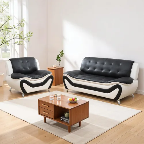 Miniatura 13 de Juego de muebles de sala de estar de 3 piezas, juego de sofá de piel sintética, juego de sofá blanco y negro para el hogar, apartamento, oficina
