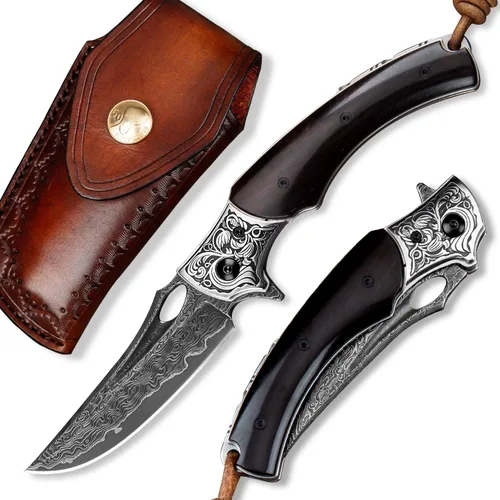 Cuchillo de bolsillo plegable de hoja de acero de damasco japonés Vg10 hecho a mano de 3.5 pulgadas para hombres y mujeres, funda de cuero, mango de