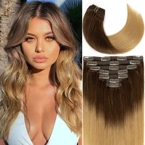 Miniatura 26 de Caliee Extensiones de cabello con pinzas de cabello humano 14 pulgadas Color 1 Negro azabache trama doble invisibles Extensiones de cabello humano