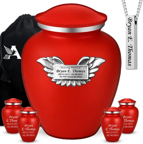 Miniatura 17 de Juego de 6 urnas funerarias decorativas negras y doradas personalizadas/grabadas para cenizas humanas, hombres y mujeres, con 1 urna grande
