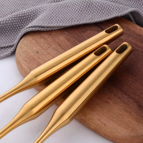 Miniatura 4 de Juego de utensilios de cocina de mango redondo, 7 piezas, acero inoxidable 304 chapado en titanio dorado con tenedor/cuchara pública, trituradores