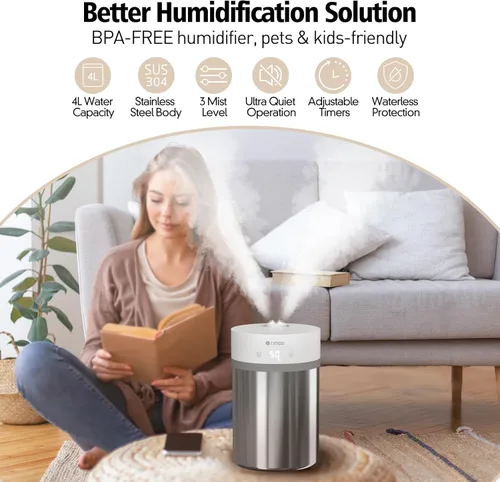 Miniatura 2 de Humidificador de acero inoxidable, humidificador ultrasónico de niebla fría de 4 litros con solo 3 piezas, fácil de limpiar, humidificador