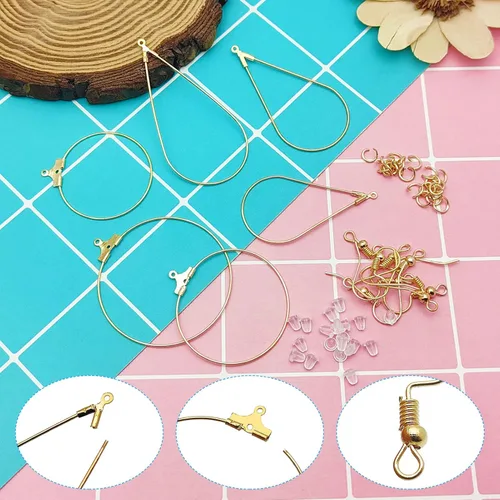 Miniatura 7 de Juego de 360 aros de cuentas para hacer joyas, con aros redondos de lágrima, anillos de salto abiertos, ganchos y respaldos para aretes, suministros