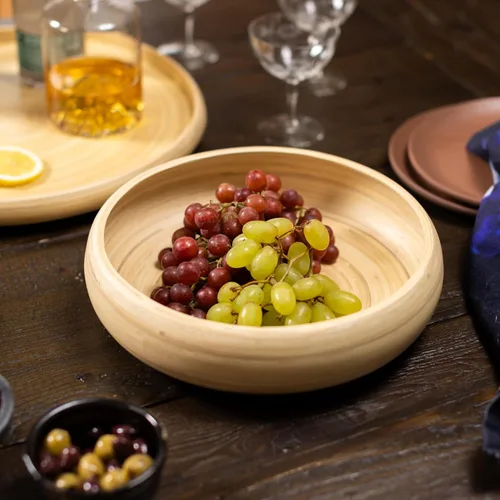 Miniatura 5 de LEXA Frutero de madera de bambú natural hecho a mano de 12 pulgadas para encimera de cocina, cuenco de ensalada de madera de bambú grande ligero