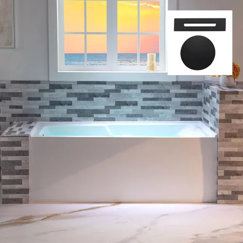 Miniatura 14 de WOODBRIDGE Bañera rectangular de acrílico de 60 pulgadas en blanco con drenaje derecho, desagüe desplegable negro mate incluido BA6030R Mate negro