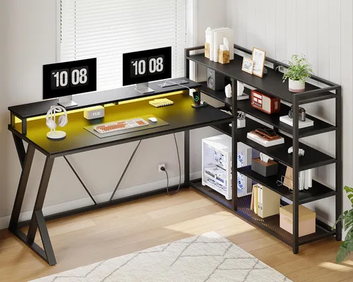 Miniatura 3 de RALGEND Escritorio para juegos en forma de L con estantería, escritorio reversible para computadora de 52 pulgadas con luz LED y toma de corriente
