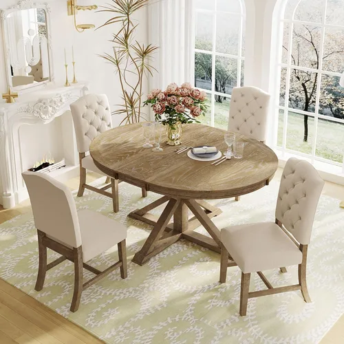 Miniatura 9 de Harper & Bright Designs TREXM - Juego de mesa de comedor de estilo retro funcional con mesa extensible y 4 sillas tapizadas para comedor y sala