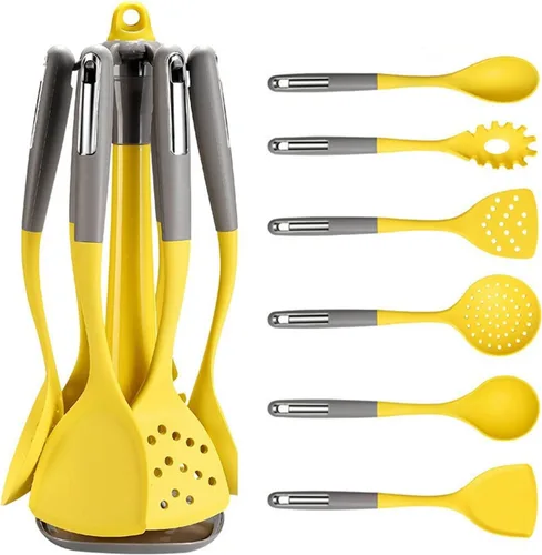 Juego de utensilios de cocina para cocina, juego de utensilios de silicona de 7 piezas con soporte de almacenamiento giratorio, utensilios