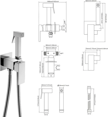 Miniatura 3 de Pulverizador de bidé de mano para agua tibia, bidé cuadrado, pulverizador de mano Shattaf Accesorio de baño para inodoro con válvula mezcladora