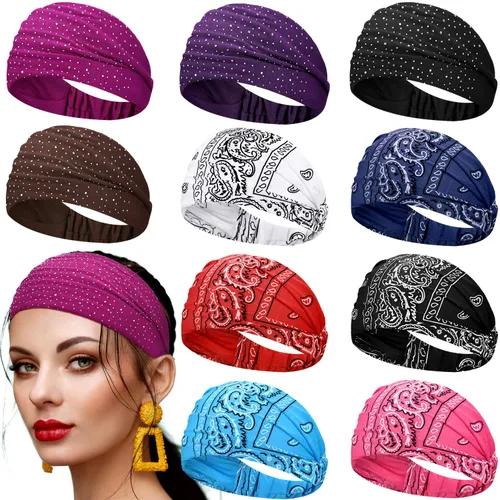 WILLBOND 10 diademas anchas para mujer, antideslizantes, anudadas, con diamantes de imitación, elásticas, bohemias, africanas, brillantes,