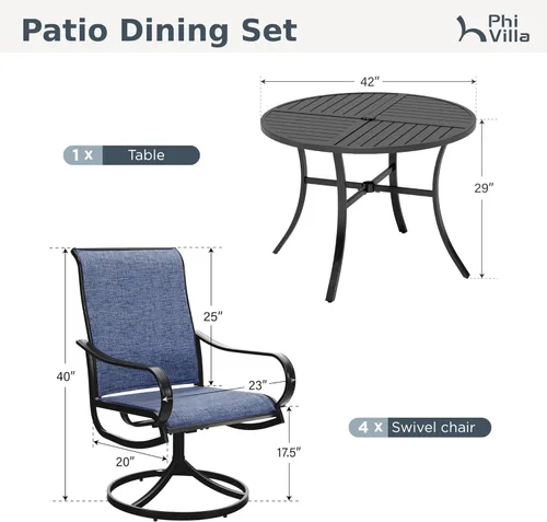 Miniatura 9 de PHI VILLA Juego de comedor de patio de 5 piezas con 4 sillas de comedor giratorias para exteriores y 1 mesa de comedor redonda grande, silla de tela