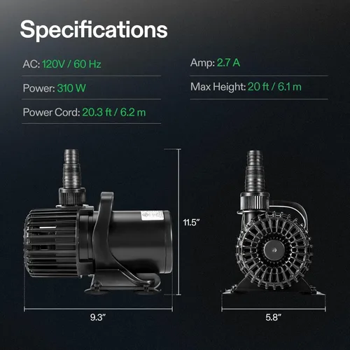 Miniatura 7 de VIVOSUN - Bomba de agua sumergible de 5300 GPH, bomba de estanque de 310 W, bomba de acuario ultra silenciosa con altura de elevación de 20 pies
