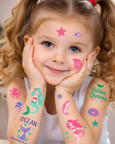 Miniatura 3 de Tatuajes temporales de sirena para niños, 106 bonitos diseños de océano y sirena, impermeables, no tóxicos y agradables al tacto, fáciles