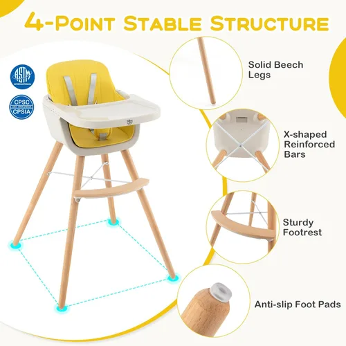 Miniatura 5 de BABY JOY Trona convertible para bebé, 3 en 1, silla alta de madera/asiento elevador/silla con bandeja extraíble, patas ajustables, arnés de 5