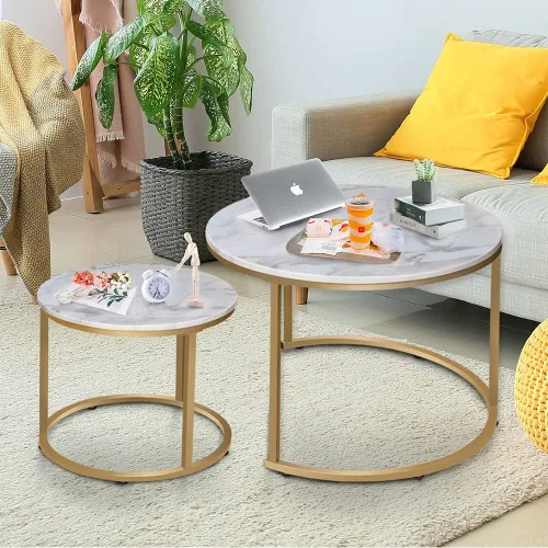 Miniatura 8 de Garden 4 you Mesa auxiliar anidable de mármol blanco sintético para lugares pequeños, 2 juegos de muebles modernos, juegos de sala de estar, mesa