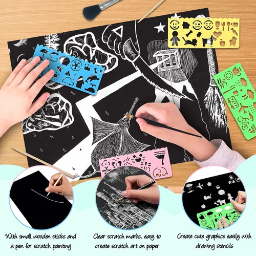 Miniatura 3 de ZOCONE Juego de arte de papel para rascar, 30 hojas de 8 x 11 pulgadas, papel para rascar grande con lápices y plantillas de madera, papel de arte