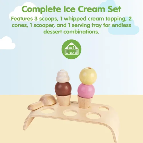 Miniatura 2 de PlanToys® Juego de helado de madera para niños Incluye soporte, cucharas y conos Comida de juego de simulación de postres para niños pequeños