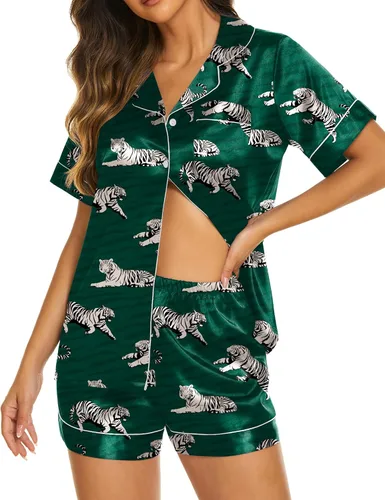 Miniatura 8 de Ekouaer Pijamas de seda para mujer, ropa de dormir de manga corta, suave, con botones, ropa de descanso, 2 piezas, pijama de satén, conjunto