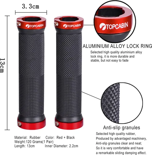Miniatura 3 de TOPCABIN - Puños de manillar de bicicleta de doble bloqueo - Puños de goma cómodos para BMX y bicicleta de montaña Rojo