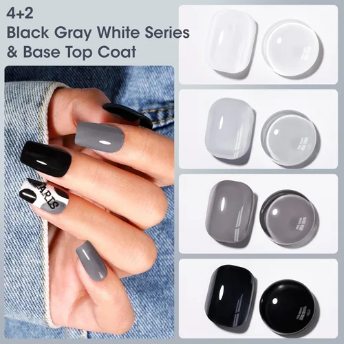 Miniatura 2 de GELLEN Juego de Esmalte de Uñas en 4 Colores Negro, Blanco, Gris & Base y Capa Superior, Esmalte de Uñas de Tendencia Otoño/Invierno Negro, Blanco