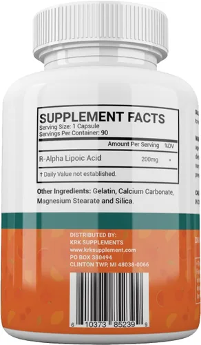 Miniatura 5 de KRK SUPPLEMENTS 1 Pack R-ALA R-Alfa Ácido Lipoico 200mg 90 Cápsulas