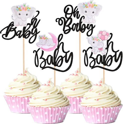 Miniatura 9 de Paquete de 24 decoraciones para cupcakes de elefante Oh Baby con purpurina para decoración de cupcakes de elefante Oh Baby Baby para cumpleaños
