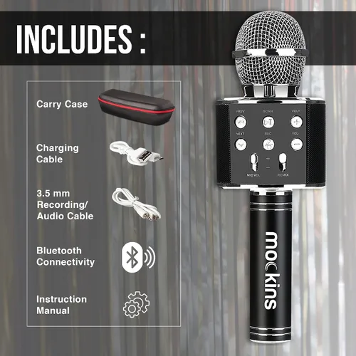 Miniatura 2 de Mockins Micrófono de Karaoke Bluetooth Negro para Niños con Altavoz Bluetooth Integrado Micrófono Inalámbrico de Karaoke Compatible con iPhone
