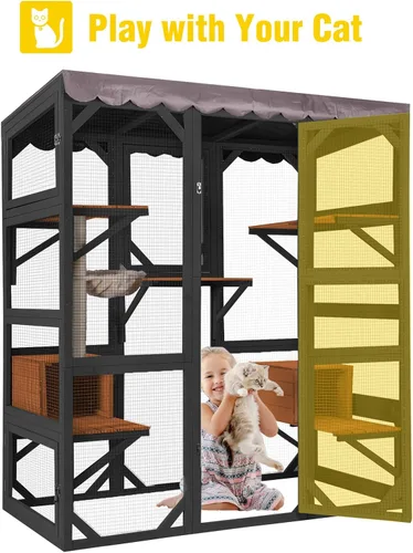 Miniatura 5 de Wooden Catio Outdoor Cat - Amplio condominio para gatos con 7 plataformas de escalada, 2 acogedoras casas de siestas, panel de ventana expandible