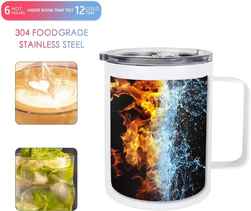 Miniatura 5 de 4 vasos de sublimación en blanco delgado de 12 onzas con mango blanco de doble pared de acero inoxidable taza recta para café con tapa deslizante