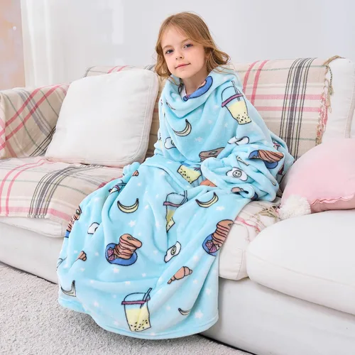 Miniatura 18 de Softan Manta de forro polar para niños con mangas y bolsillo para el pie para niños y niñas, manta ligera y suave, diseño de gato