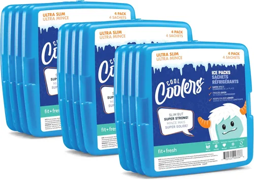 Cool Coolers by Fit + Fresh, 4 Pack Slim Ice Packs, Space Saving Reusable Ice Packs for Lunch Boxes or Coolers
