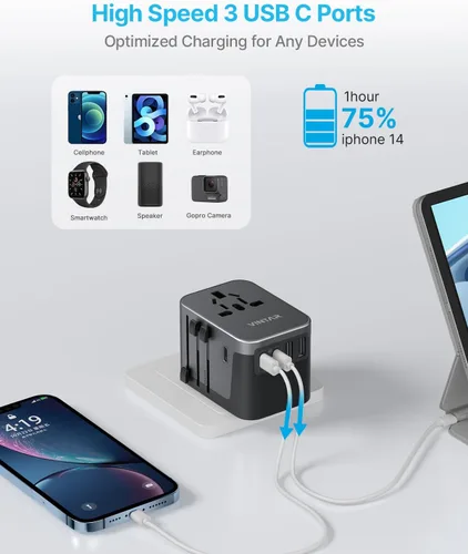 Miniatura 7 de VINTAR - Adaptador de viaje universal, adaptador de corriente internacional con 6A, 3 USB C y 2 puertos USB, adaptador de enchufe esencial de viaje