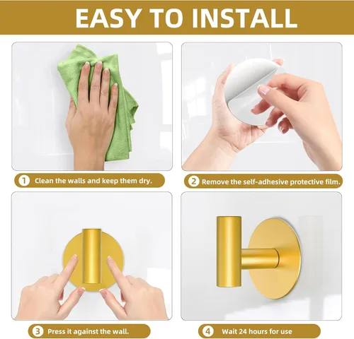 Miniatura 4 de Paquete de 4 ganchos adhesivos dorados para toallas, ganchos autoadhesivos de acero inoxidable para abrigo, gancho para colgar en la pared