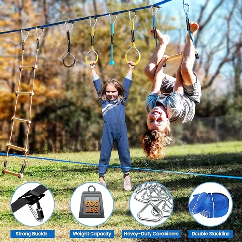 Miniatura 2 de Carrera de obstáculos Ninja Warrior para niños, kit de línea floja de 2 x 56 pies con 8 accesorios ninja + hebillas de ajuste rápido, barra de mono