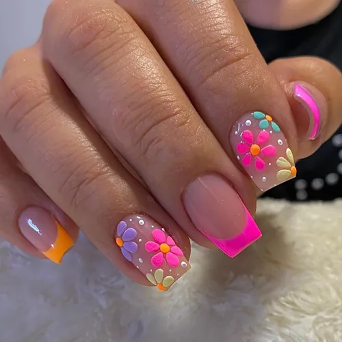 Miniatura 8 de Uñas postizas ovaladas a presión con puntas francesas, juego de uñas postizas cortas de flores artificiales, uñas postizas acrílicas con diseños