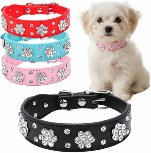 Collar de perro con flores de diamantes de imitación, collar de piel sintética brillante para perros y gatos pequeños, bonito collar de cachorro con