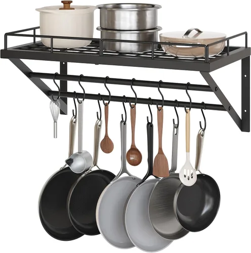 Miniatura 9 de YATINEY Estante para ollas, estante de pared de 30 pulgadas, organizador de ollas y sartenes de cocina con rieles colgantes de 2 niveles, 12 ganchos