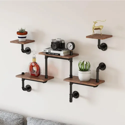 Estantería de tubo industrial, estantes rústicos para decoración de pared, estante de escalera moderno con tablones de madera, estantes flotantes