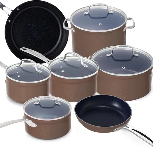 Miniatura 16 de Nuwave - Juego de 12 utensilios de cocina forjados y ligeros, revestimiento ultra antiadherente de cerámica Duralon G10 saludable, tapas de vidrio